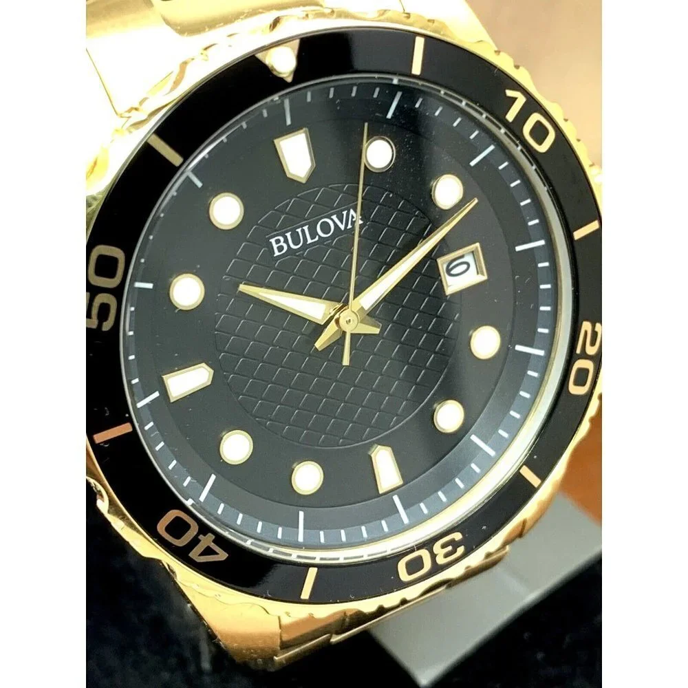Bulova Men's Watch 98B375 Quartz Gold Black Dial Date Stainless Steel 43mm